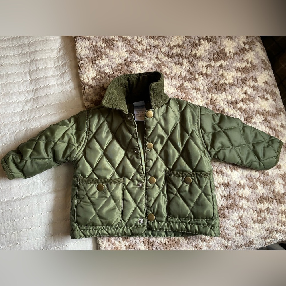 Quilted Olive Green Kids Puffer Jacket with Corduroy Collar
